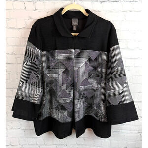 CHICO'S TRAVELERS black silver collared swing geometric cardigan blazer size XL